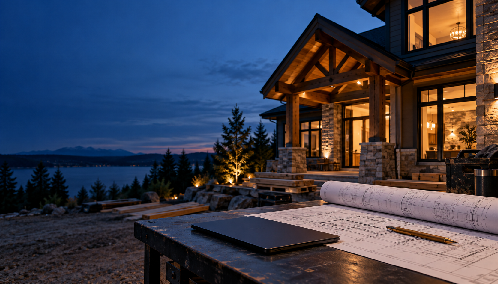 Plans on a desk beside a home under construction at dusk