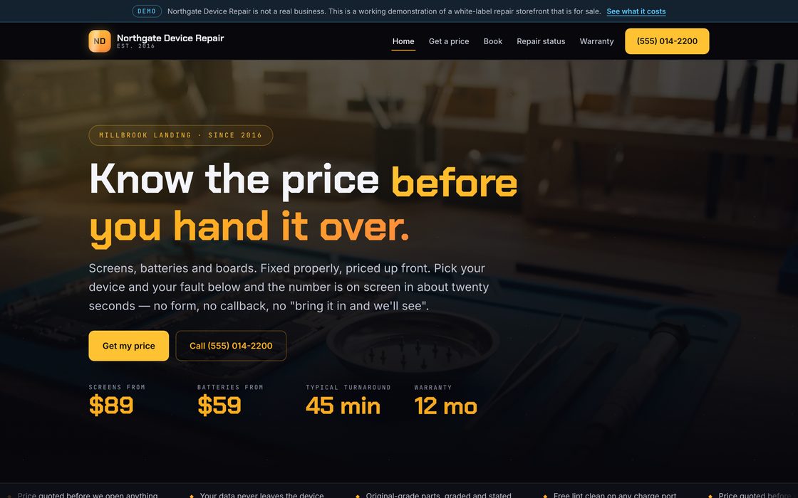 Screenshot of the iFlash white-label repair storefront demo