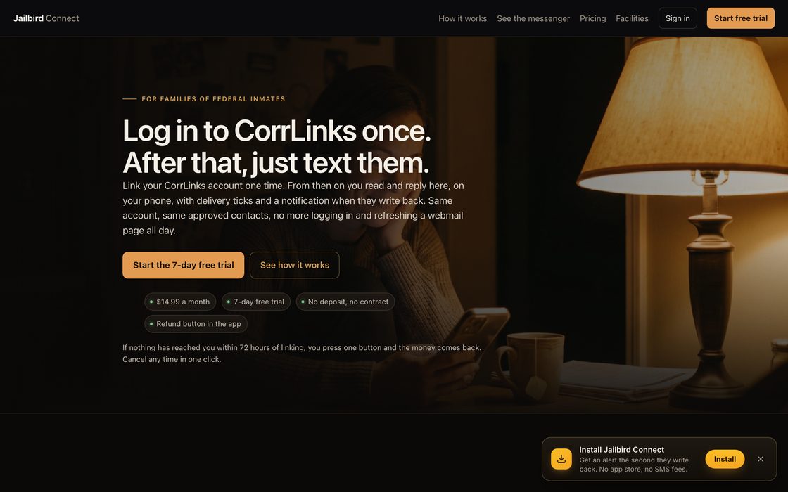Screenshot of the Jailbird Connect site
