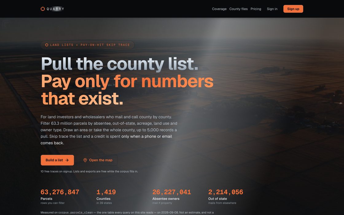 Screenshot of the Quarry site showing 63,276,847 parcels across 1,419 counties