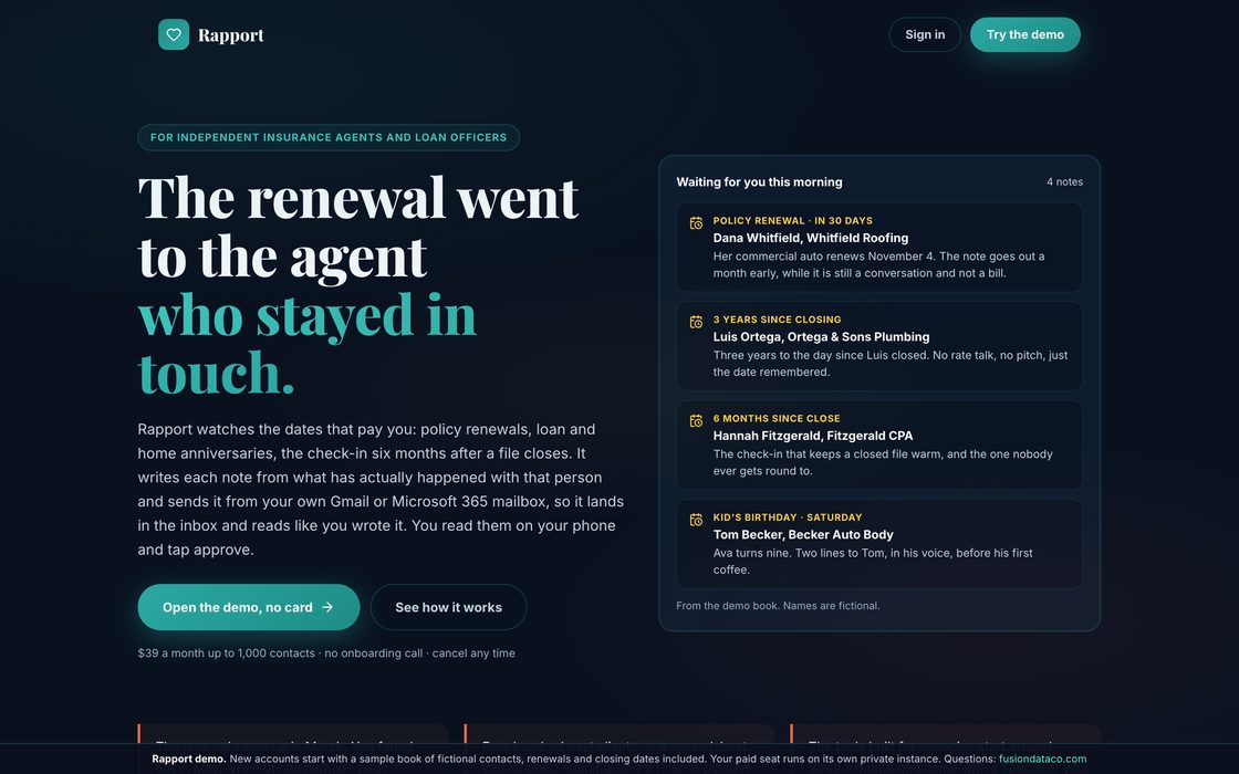 Screenshot of the Rapport site