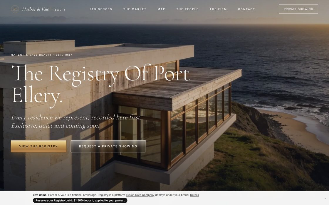Screenshot of the Registry demo, branded as Harbor and Vale Realty