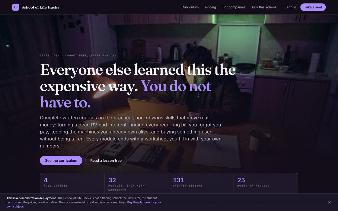 Screenshot of the School of Life Hacks site