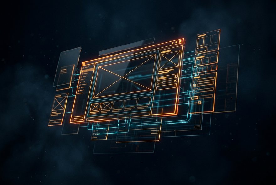 A wireframe blueprint of an application interface
