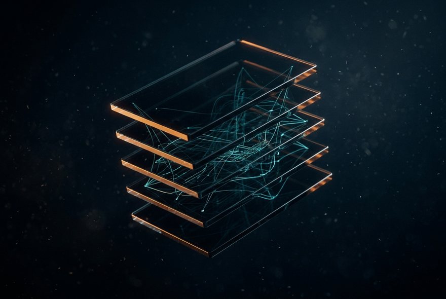 Stacked translucent data layers lit amber and cyan