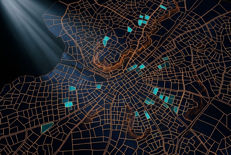 Abstract parcel boundaries drawn in amber over a dark map