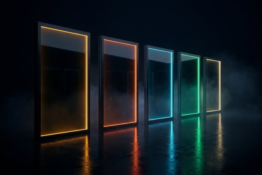 A row of identical glass storefront panels, each lit a different colour